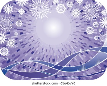 Vector decorativo marco violeta de invierno con copos de nieve y olas de navidad