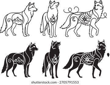 Conjunto de lobo de Vector decorativo con diseños de montaña, llama y esqueleto en contorno y silueta