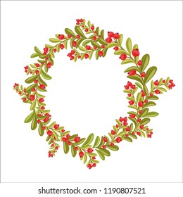 Decorative vector wreath of cranberries, red berries. Round frame on white background