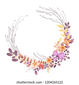 Decorative vector wreath of leaves and flowers isolated on white background. Bright autumn flowers. Flower frame, card