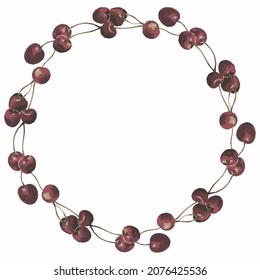 Decorative vector wreath from watercolor drawings ripe cherry berries 