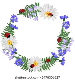 Decorative vector wreath of wild flowers, chamomile, cornflowers, campanula and ladybug with place for your text on a isolated white background. For decorating postcards, invitations.