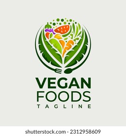 Diseño del logo de la comida vegetariana decorativa. Logotipo de cubiertos de frutas de verduras de lujo.