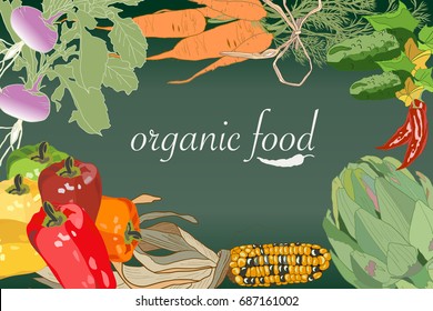 Decorative Vegetable Frame. Healthy Organic Food on a green background.