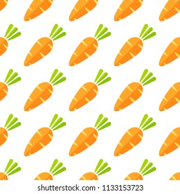 Decorative vegetable seamless pattern. Trendy background ornament with geometric ordered carrot vegetables in bright orange and yellow colors. Cute vector illustration for season celebration card.