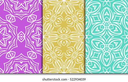 decorative vertical floral pattern. set of seamless vector illustration. purple, blue, orange color