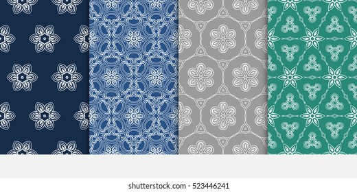 decorative vertical floral pattern. set of seamless vector illustration. grey, blue, green color. modern ornament
