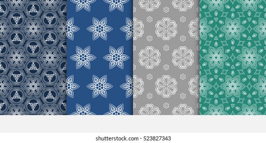 decorative vertical floral pattern. set of seamless vector illustration. grey, blue, green color. modern ornament