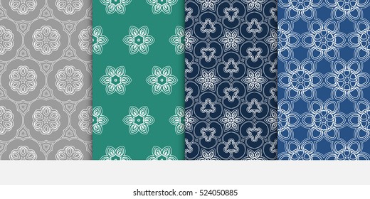 decorative vertical floral pattern. set of seamless vector illustration. grey, blue, green color. modern ornament