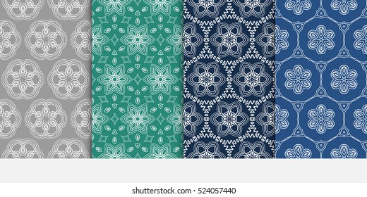 decorative vertical floral pattern. set of seamless vector illustration. grey, blue, green color. modern ornament