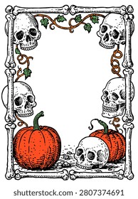 Decorative vertical frame featuring human skulls and bones connected by creeping vines with leaves surrounding ripe orange pumpkins in a detailed illustrative style