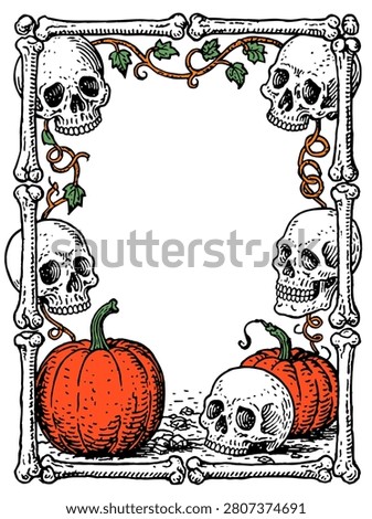 Decorative vertical frame featuring human skulls and bones connected by creeping vines with leaves surrounding ripe orange pumpkins in a detailed illustrative style