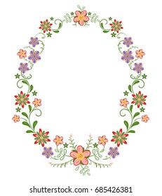 decorative vertical oval frame vignette with bright simple flowers