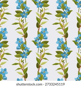 Decorative vertical seamless pattern with blue flowers and green leafy branches. Clean flat vector style, perfect for textiles, wallpapers, wrapping paper, stationery, packaging, web backgrounds and seasonal design