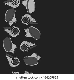 Decorative vertical seamless sea pattern,  spirals,  spots,shells, doodles,copy space . Hand drawn.
