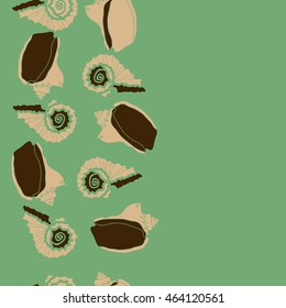 Decorative vertical seamless sea pattern,  spirals,  spots,shells, doodles,copy space . Hand drawn.