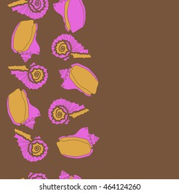 Decorative vertical seamless sea pattern,  spirals,  spots,shells, doodles,copy space . Hand drawn.