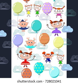 Decorative vertical stripe. Girls in colorful dresses with balloons flying among the clouds