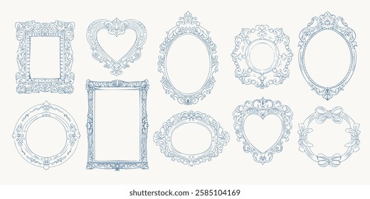 Decorative Victorian Frame Pack Line Art Style. Ornamental Retro Picture Frames. Vector Illustration. Ideal for wedding invitations, certificates, antique-style branding, and retro-themed designs.