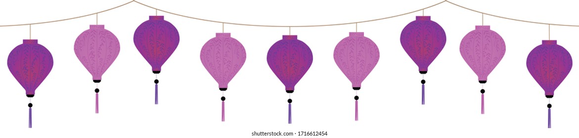 decorative vietnamese pink and violet lantern garland isolated on white background