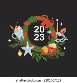 Decorative vignette with numbers 2023. Christmas and New Year. Greeting holiday card. Ornament of Christmas tree branches, toys, candles and sweets. Flat style in vector illustration. 