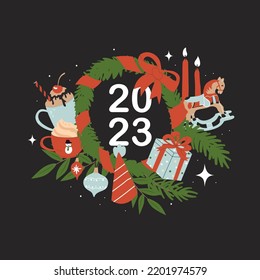 Decorative vignette with numbers 2023. Christmas and New Year. Greeting holiday card. Ornament of Christmas tree branches, toys, candles and sweets. Flat style in vector illustration. 