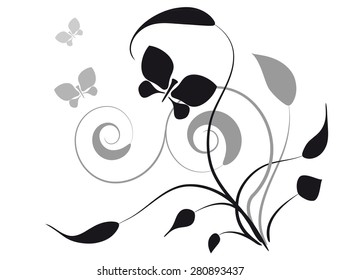 Decorative vignette with silhouettes of leaves and butterflies