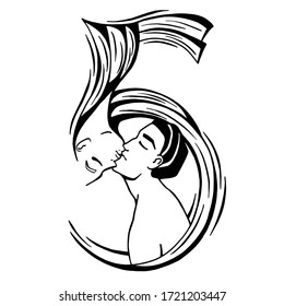 decorative vignettes curl floristry ornament girl face figure number 5 five vector