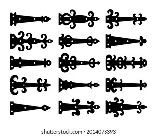 Decorative vintage arrow hinges. Accents for garage and barn doors, gates, trunks. Flat icon set. Vector illustration. Signs of old hardware elements. Isolated objects on white background