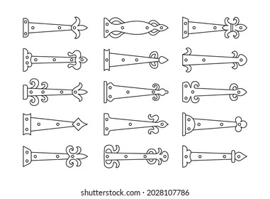 Decorative vintage arrow hinges. Accents for garage and barn doors, gates, trunks, barrels. Line icon set. Vector illustration. Signs of retro hardware elements. Isolated objects on white background