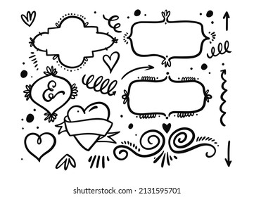 Decorative vintage boarders and frames. Hand drawn black color set elements. Doodle style. Vector illustration.