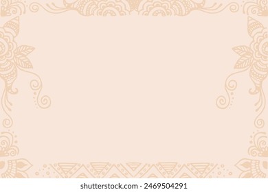 A decorative vintage border featuring Indian mehandi scrollwork patterns, flourishes, and leaf motifs in a soft tan color against a cream background. Great for copy space, ethnical, yoga designs.