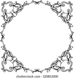 Decorative vintage borders and frames. Page decoration. Decorative floral elements, corners, borders, frame, crown.  Black and wight graphic style.