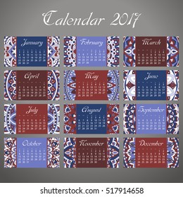 Decorative vintage calendar 2017. Oriental pattern. Vector mandala design can be used for poster, banner, card