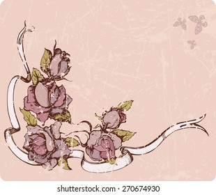 Decorative vintage card with beautiful roses and ribbon
