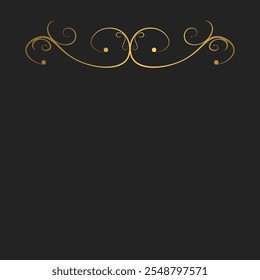 Decorative vintage card with gold swirls divider and copy space. Template for covers, invitations, menu. Gold vector layout on black background