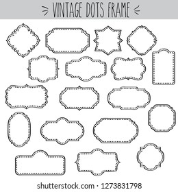 Decorative vintage clear frames single line dots border black and white outline, Elegant blank label stickers, Horizontal, vertical, square, diamond, long rectangle, Oval shape, Classic greeting tags