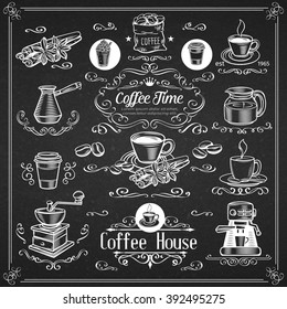 Decorative vintage coffee icons.  Ink vintage design for coffee shop. Vector design elements  of coffee and calligraphy swirl.