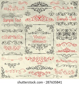 Decorative Vintage Colorful Hand Sketched Doodle Design Elements. Frames, Dividers, Swirls, Branches, Borders. Pen Drawing Vector Illustration. Crumpled Paper Texture. Pattern Brushes