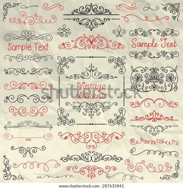 Decorative Vintage Colorful Hand Sketched Doodle\
Design Elements. Frames, Dividers, Swirls, Branches, Borders. Pen\
Drawing Vector Illustration. Crumpled Paper Texture. Pattern\
Brushes