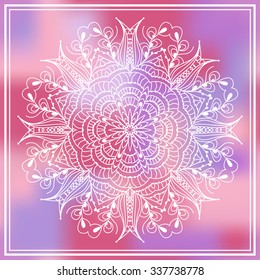Decorative Vintage Design Element, Vector mandala element. Hand draw lace ornament. Vector snowflake. Template frame design for card or poster. Mandala on blurred colorful background.