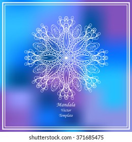 Decorative Vintage Design Element, Vector mandala element. Hand draw lace ornament. Vector snowflake. Template frame design for card or poster. Mandala on blurred colorful background.