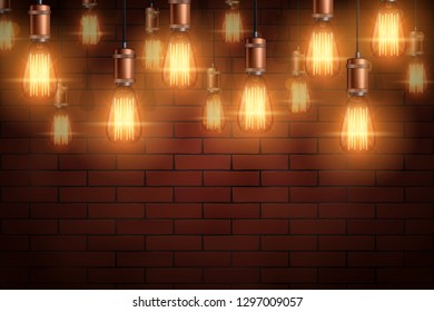 Decorative vintage edison light bulb background. Hanging lightbulbs retro style. Warm charm Illumination. Vector Illustration