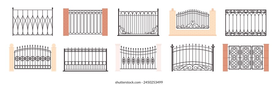 Decorative vintage fences. Ornamental metal gates and railings for balcony or terrace. Outdoor home and yard decor, racy vector collection