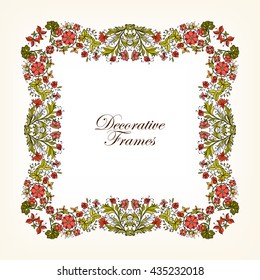 Decorative vintage floral frame in middle age style. Colored vector illustration.