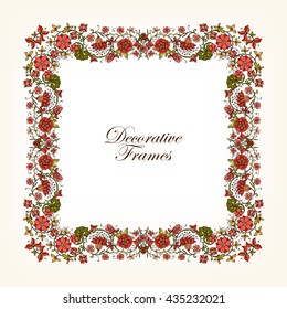 Decorative vintage floral frame in middle age style. Colored vector illustration.