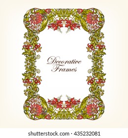 Decorative vintage floral frame in middle age style. Colored vector illustration.