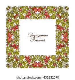 Decorative vintage floral frame in middle age style. Colored vector illustration.