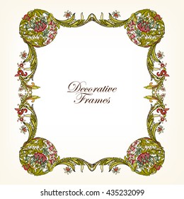 Decorative vintage floral frame in middle age style. Colored vector illustration.