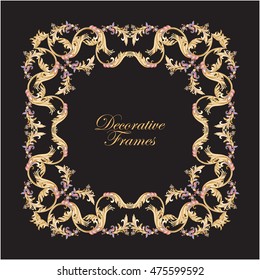 Decorative vintage floral frame in middle age style. Vector illustration. Gold on black background. Illuminati manuscript style.